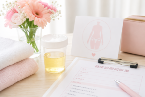 女性の健康診断前日の注意点を示す、問診票と採尿容器が置かれた清潔なクリニック風景
